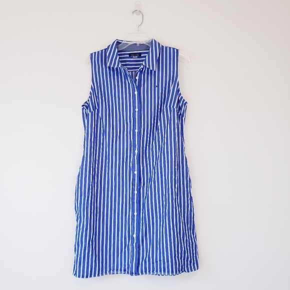 Tommy Hilfiger Dresses & Skirts - Tommy Hilfiger Blue White Stripe Sleeveless Dress Collared Button Down Size 14